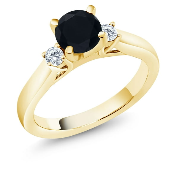 Gem Stone King 18K Yellow Gold Plated Silver Black Onyx and White Moissanite 3-Stone Engagement Ring for Women (0.93 Cttw, Round 6MM, Gemstone December Birthstone, Size 8)