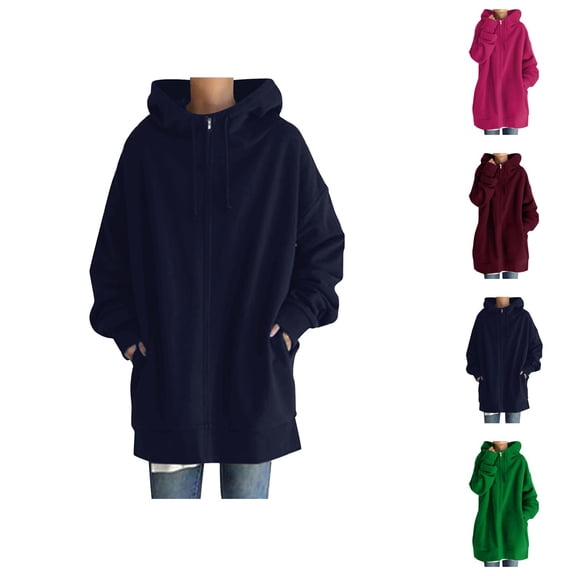 Long Hoodies for Women 2025 Fall Winter Long Sleeve Plain Zip Up Jacket Coat Hooded Sweatshirt Outerwear