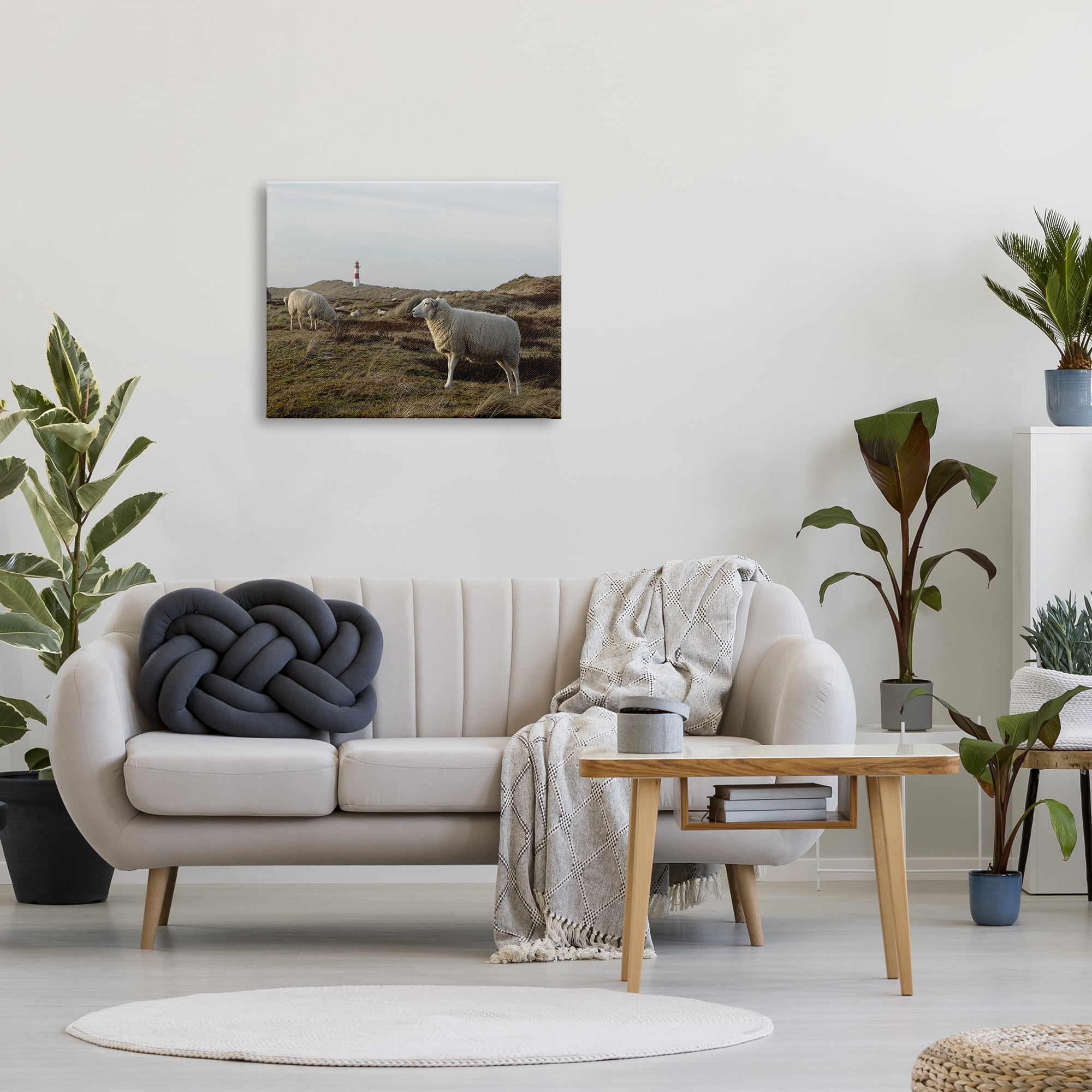 Stupell Industries Grazing Sheep Peaceful Grassland Hills Distant Lighthouse Photograph Gallery Wrapped Canvas Print Wall Art, Design by Daphne Polselli