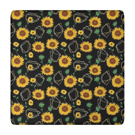 Black Geometric Sunflower Pattern Square Fitted Tablecloth with Elastic Edge,Square Table Cover,Washable Elastic Table Cover for Home Kitchen Party Decor 34"x34"