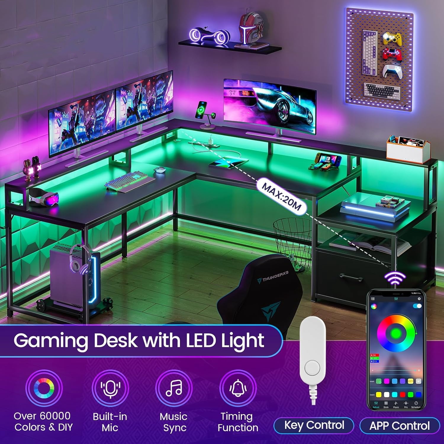 Reversible Computer Desk with Darwers & Monitor Stand, L-Shaped Office Desk with LED Lights & Power Strips, Black