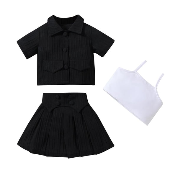 Bxsruta Toddler Outfits for Girls, Summer Girls Short Sleeve Jacket White Short Suspenders   Pleated Short Skirt Solid Color Three-piece Set, Black 2 Years