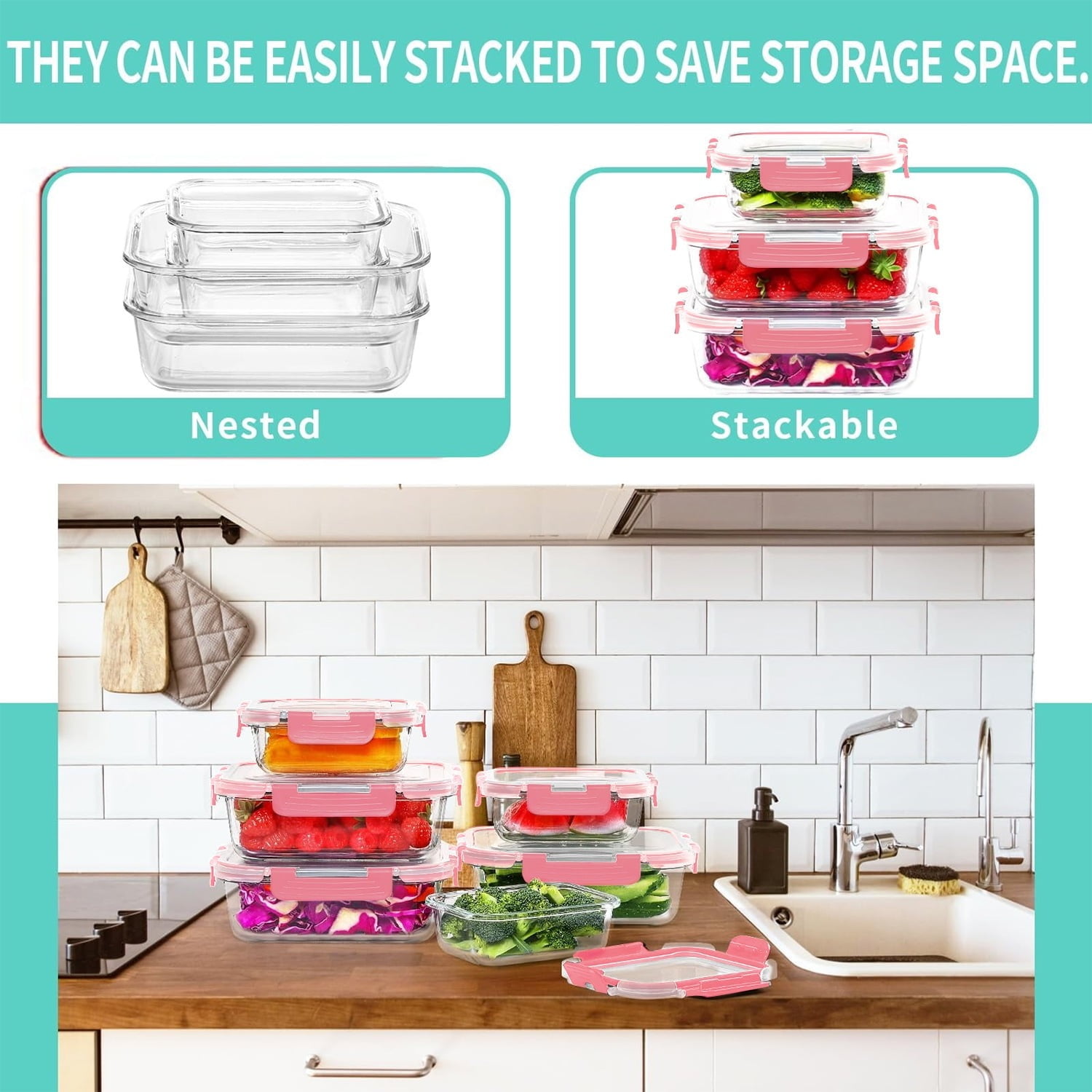 30 Pcs Glass Food Storage Containers with Lids, Glass Airtight Meal Prep Container Set for Lunch, Kitchen Pantry Organizers and Storage, Leak Proof, Pink