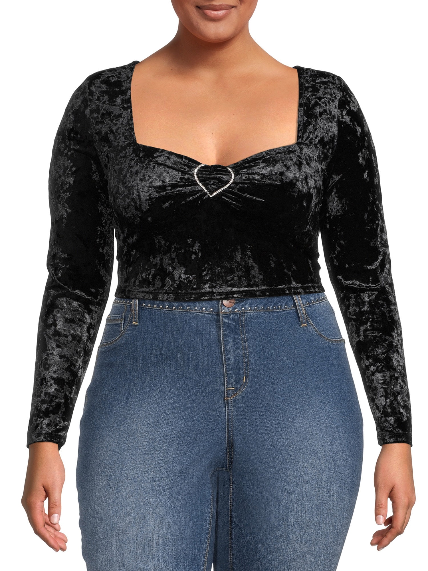 Madden NYC Women's Plus Size Cropped Velour Top with Rhinestone Heart ...