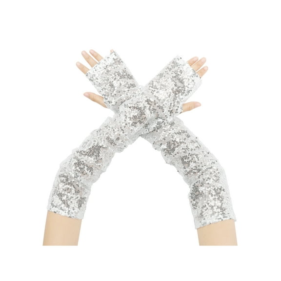INSPIRE CHIC Women's Sequin Sparkly Arm Warmers Extra Long Gloves Fingerless Arm Sleeve for Party Silver One Size