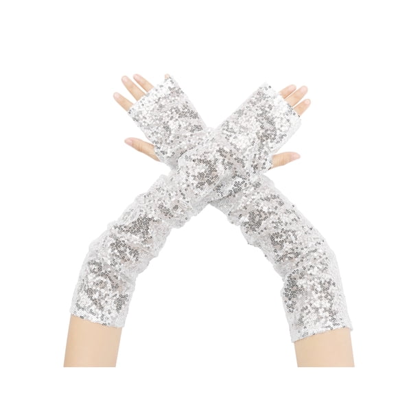 INSPIRAR CHIC Guantes de brazo largos y brillantes para mujer, guantes sin dedos para fiesta, plata, talla única