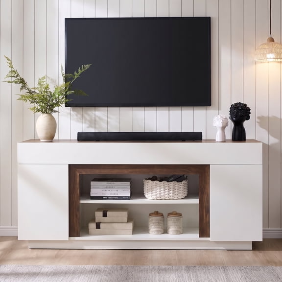 Homall 70'' TV Stand for TVs up to 75'', Modern Entertainment Center with Storage Cabinets, Open Media Shelf, Wood TV Console for Living Room, White and Walnut