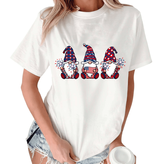 Giffimy Women's USA Patriotic 4th of July Gnomes Graphic Short Sleeve T-Shirt White S-5XL Relaxed Fit Cotton Top