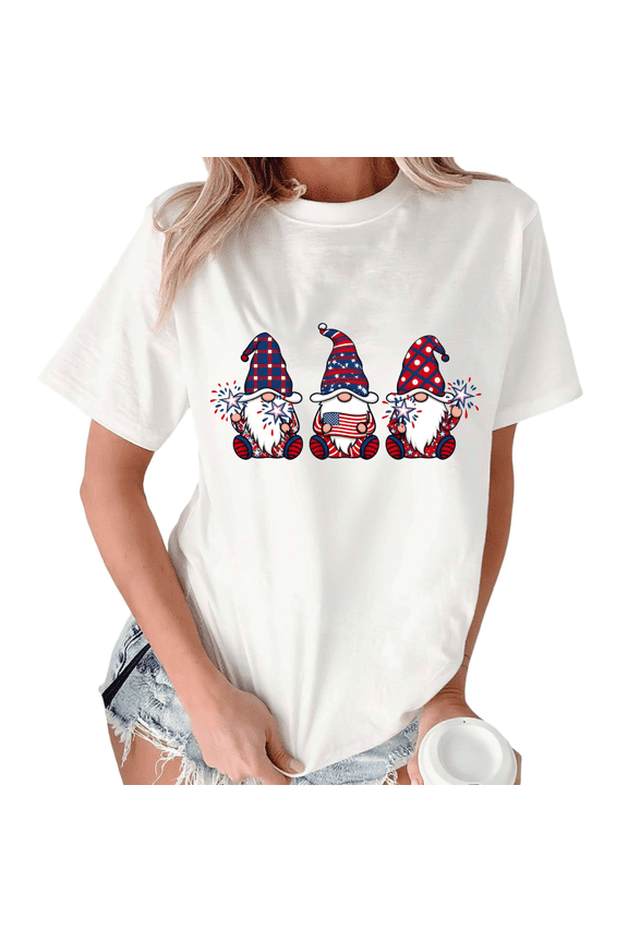 Women's USA Patriotic 4th of July Gnomes Graphic Short Sleeve T-Shirt White S-5XL Relaxed Fit Cotton Top