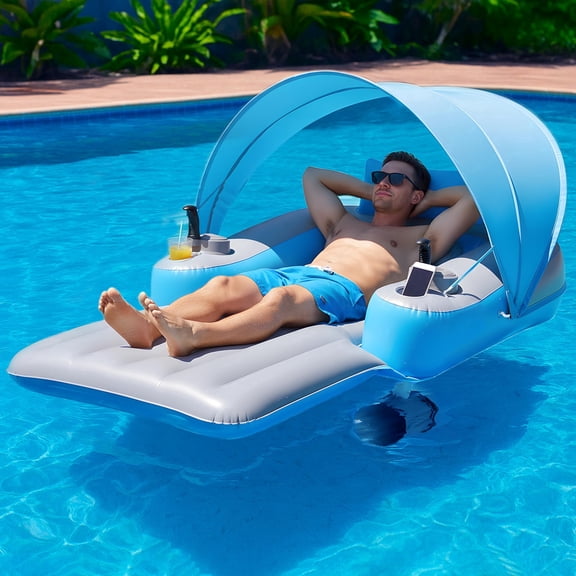 Foxlux Motorized Pool Float with Canopy, Rechargeable Motorized Floats with Cup Holder – Dual Motor Heavy Duty Electric Lounger Raft for Adults, Pool, Lake & Party