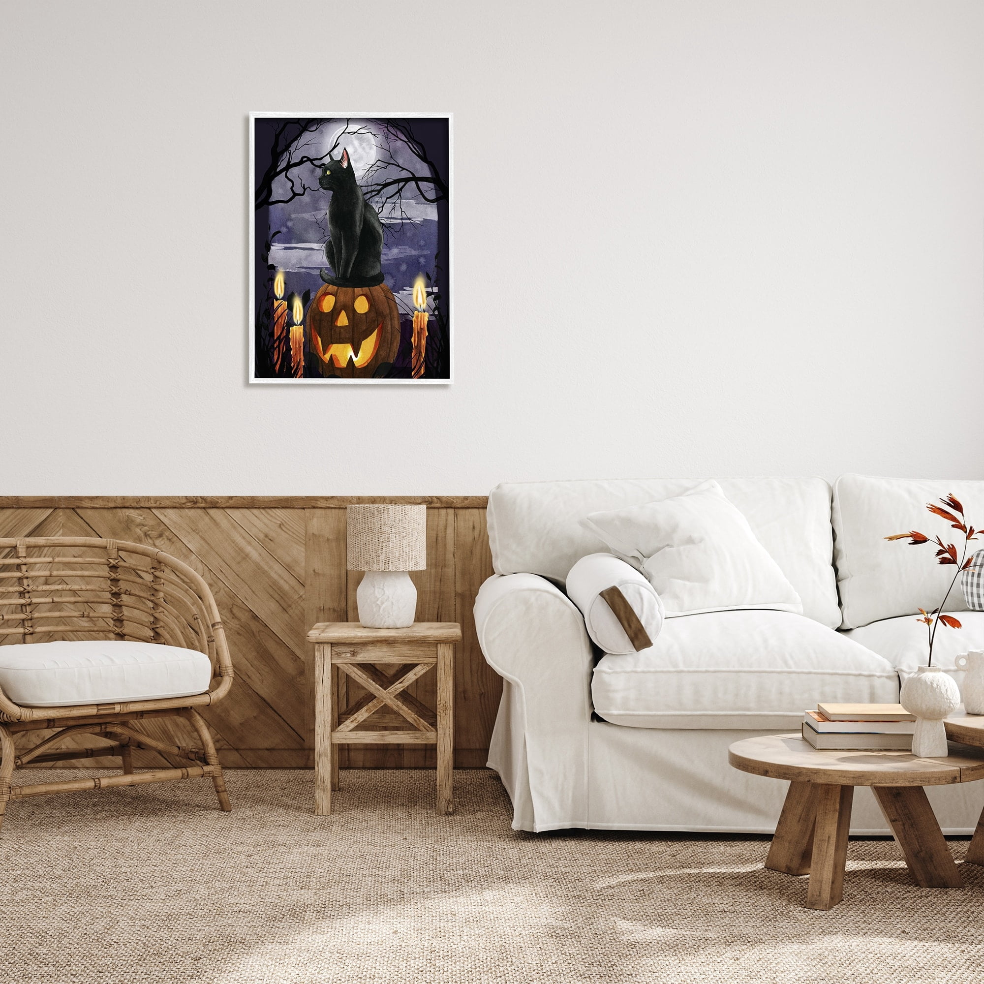 Stupell Industries Full Moon Halloween Night Spooky Black Cat Jack-o'-lantern, 24 x 30, Design by Grace Popp