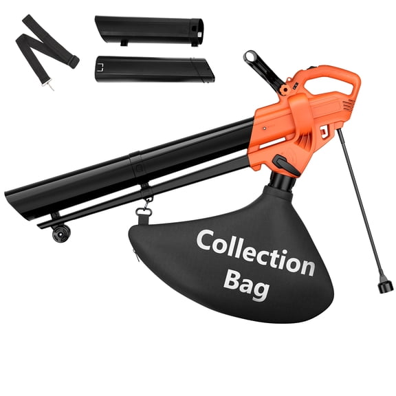 SHOUFTW 3‑in‑1 Electric Leaf Blower Vacuum Mulcher with Metal Impeller, Lightweight & Easy‑Handling with Collection Bag for Yard & Garden Cleanup, Black & Orange