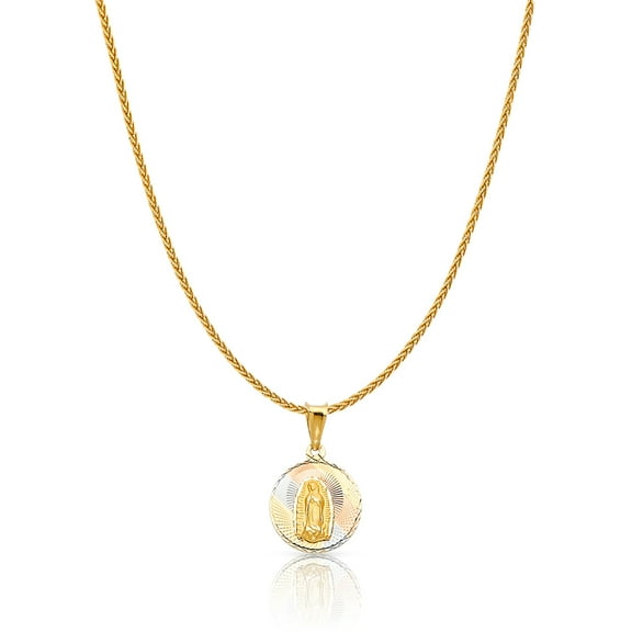 14K Tri Color Gold Diamond Cut Our Lady of Guadalupe Stamp Charm Pendant with 1.1mm Wheat Chain Necklace - 20"