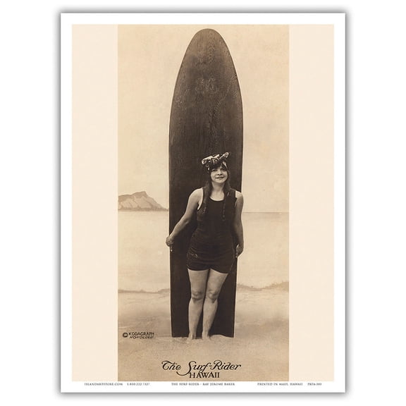 The Surf-Rider Hawaii - Bathing Beauty with Surfboard - Vintage B&W Historical Photograph by Ray Jerome Baker c.1910 - Master Art Print (Unframed) 9in x 12in