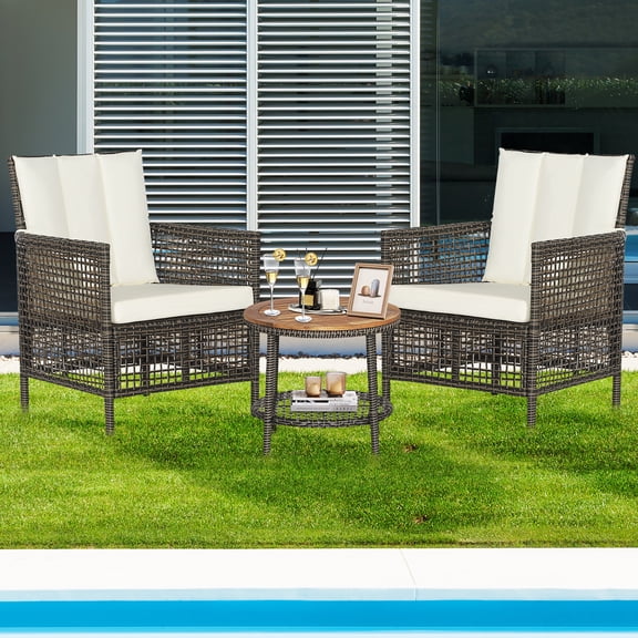 Costway 3 Piece Rattan Outdoor Patio Bar Set, Brown/Off White