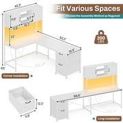 SEDETA White L Shaped Office Desk, Farmhouse Home Office Desk with Fabric File Drawers and Power Outlet, Corner Gaming Desk with LED Lights, Hutch and Storage Shelves