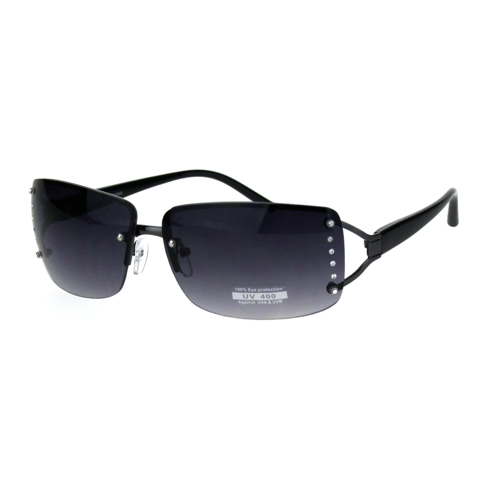 Gunmetal Smoke Rectangle Narrow Womens Luxury Designer Sunglasses Rimless Rhinestone TiOPXZuk