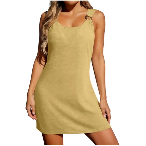 YueHuiYing Women's Swim Cover-Up Sleeveless Deep V Beach Dress Side Slit Vacation Swim Dress Solid Color Dress