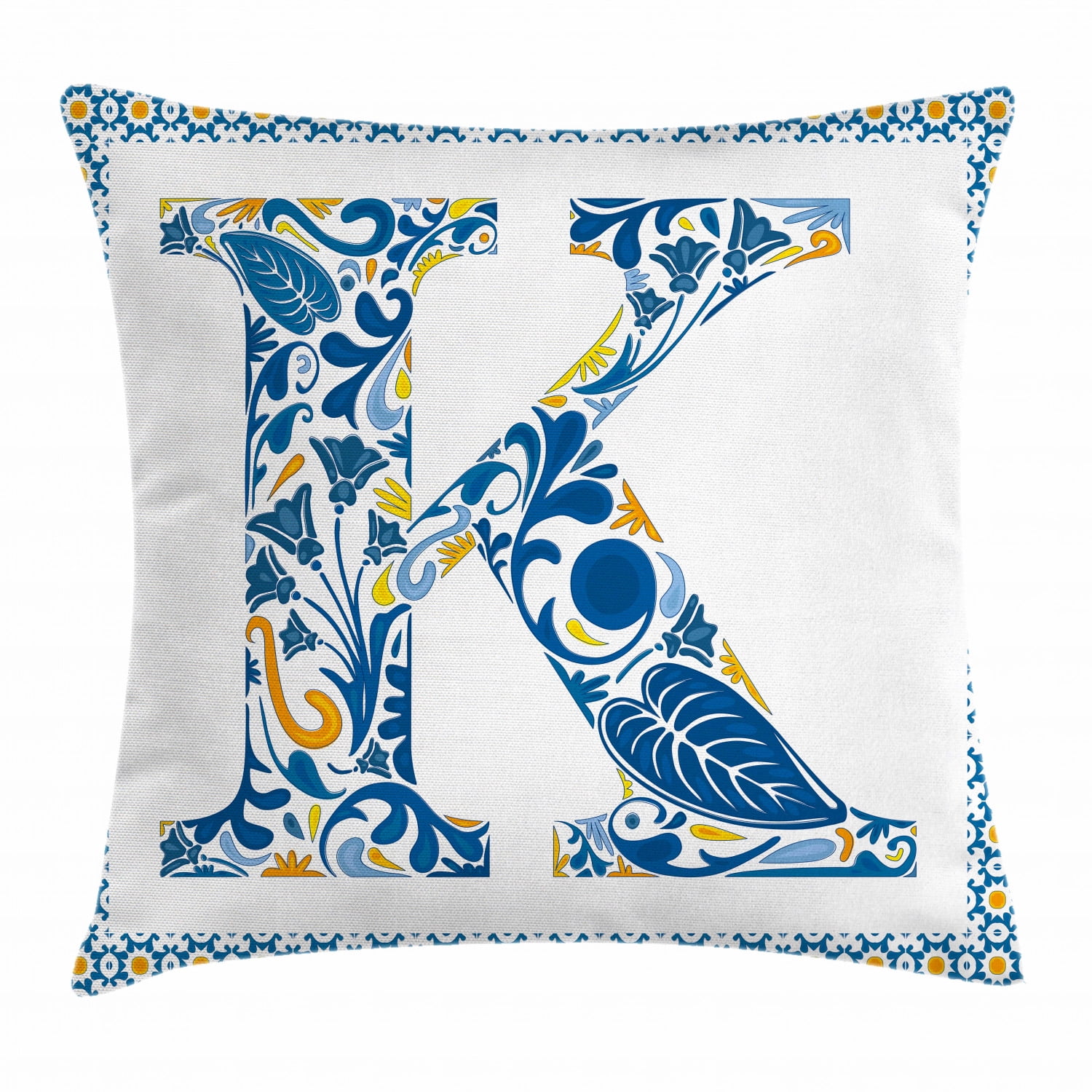 Letter K Throw Pillow Cushion Cover, Abstract Artistic Leaves and