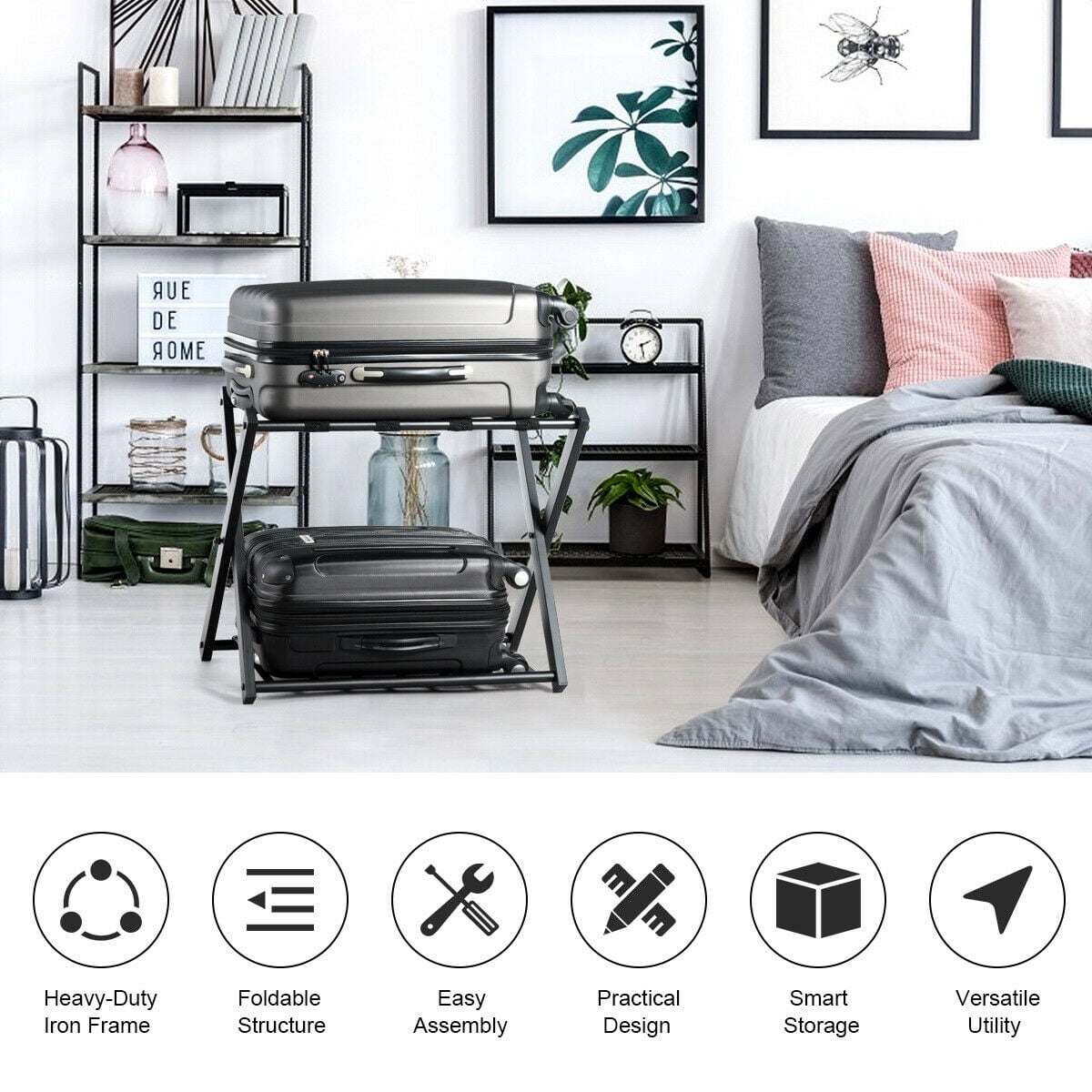 Wood Folding Luggage Rack Laundry Cloth Bag Bedroom Suitcase Stand Hamper