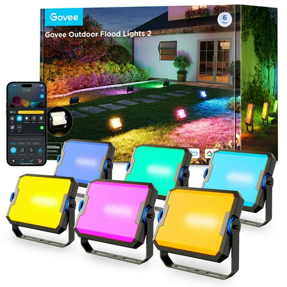 Govee Outdoor Flood Lights 2, Rgbic Warm Cold White Led Lights For Outdoor Decorations, 50 Scene Modes, Landscape Lighting, Upgrated Ip66 With App Control, Wired 6 Pack