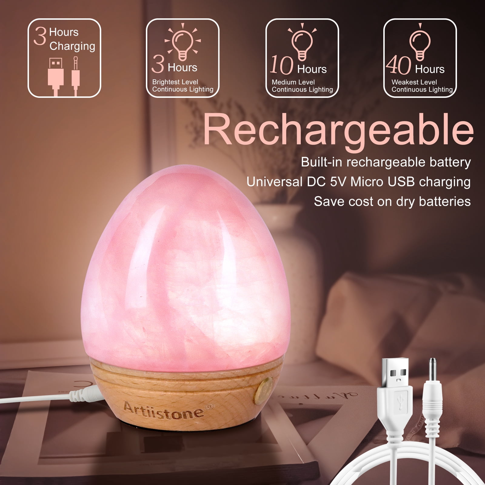 Artistone Rose Quartz Crystal Night Light Carved Gemstone USB Rechargeable Touch Sensor LED Lamp
