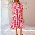 thumbnail image 4 of Pisexur Robes d'Été pour Femmes Mode Bohème à Imprimé Floral Robe Maxi Décontractée Fluide Taille Élastique Robe Soleil Manches Courtes Col en V Boutonnée Robe Soleil à Volants Évasée Plage Longue avec Poches, 4 of 8