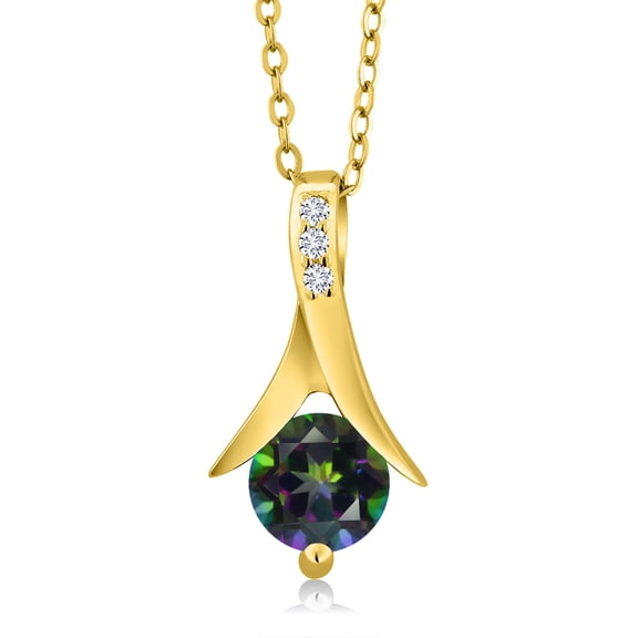 Gem Stone King 1.05 Ct Green Mystic Topaz E-F Lab Grown Diamond 18K Yellow Gold Plated Silver Pendant with Chain