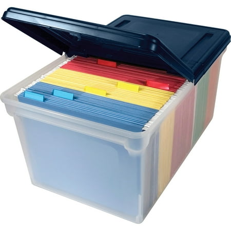 - Innovative Storage Designs File Tote with Hinged Lid, Letter, Plastic, Clear/Navy