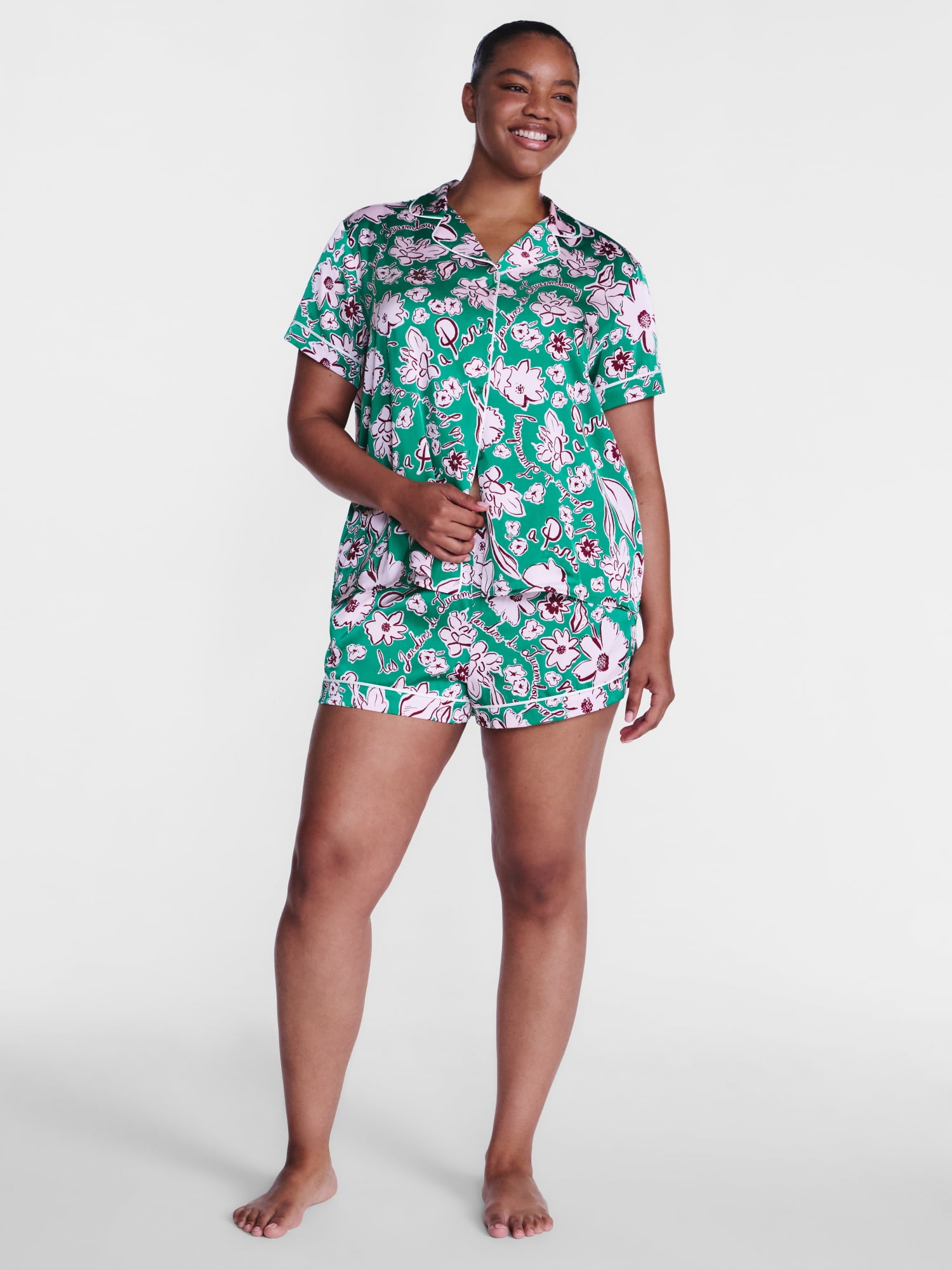 Joyspun Women’s Stretch Satin Sleep Top and Shorts, 2-Piece Set, Sizes XS to 3X