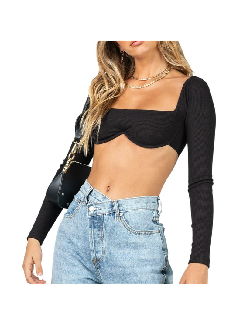 Women's Rib Knit Crop Tops Long Sleeve Square Neck Stretchy T