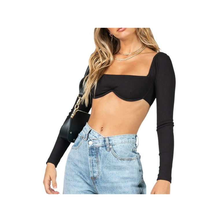 wybzd Women's Rib Knit Crop Tops Long Sleeve Square Neck Solid Color  Stretchy Super-Short T-Shirts Bra Black XL