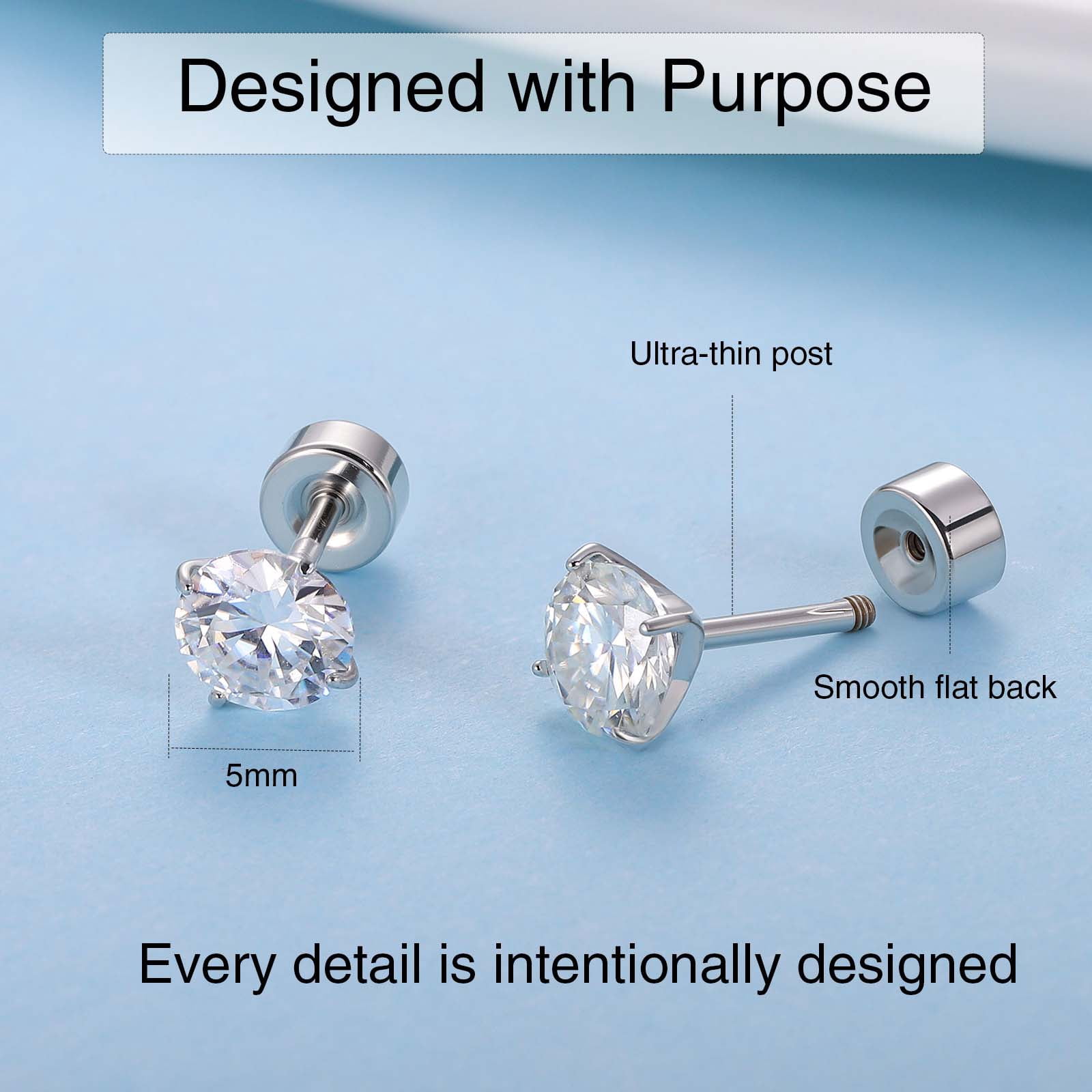 Moissanite Stud Earrings, Implant-Grade Titanium Screw-Back, Single Diamond Design, Unisex, Sparkling, Ideal for New Piercings, 3mm/4mm/5mm