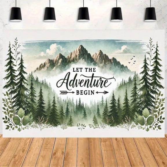 Let The Adventure Begin Backdrop Adventure Awaits Baby Shower Photography Background Rustic Forest Mountains Woodland Greenery Birthday Party Decorations Banner Supplies Photo Booth Props