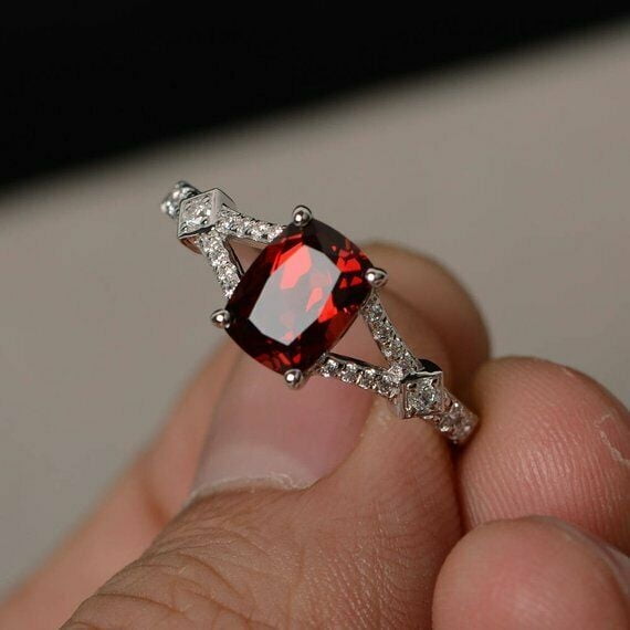 HeartsAndYou 2ct Natural Red Garnet Engagement Ring 14k SOLID White Gold Split Shank Women