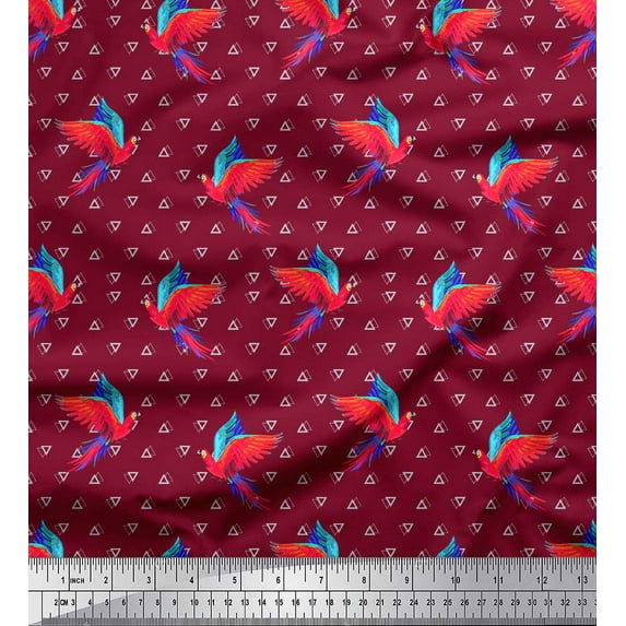 Soimoi Red Moss Georgette Fabric Watercolor Macaw Parrot & Triangle Geometric Print Fabric by the Yard 42 Inch Wide