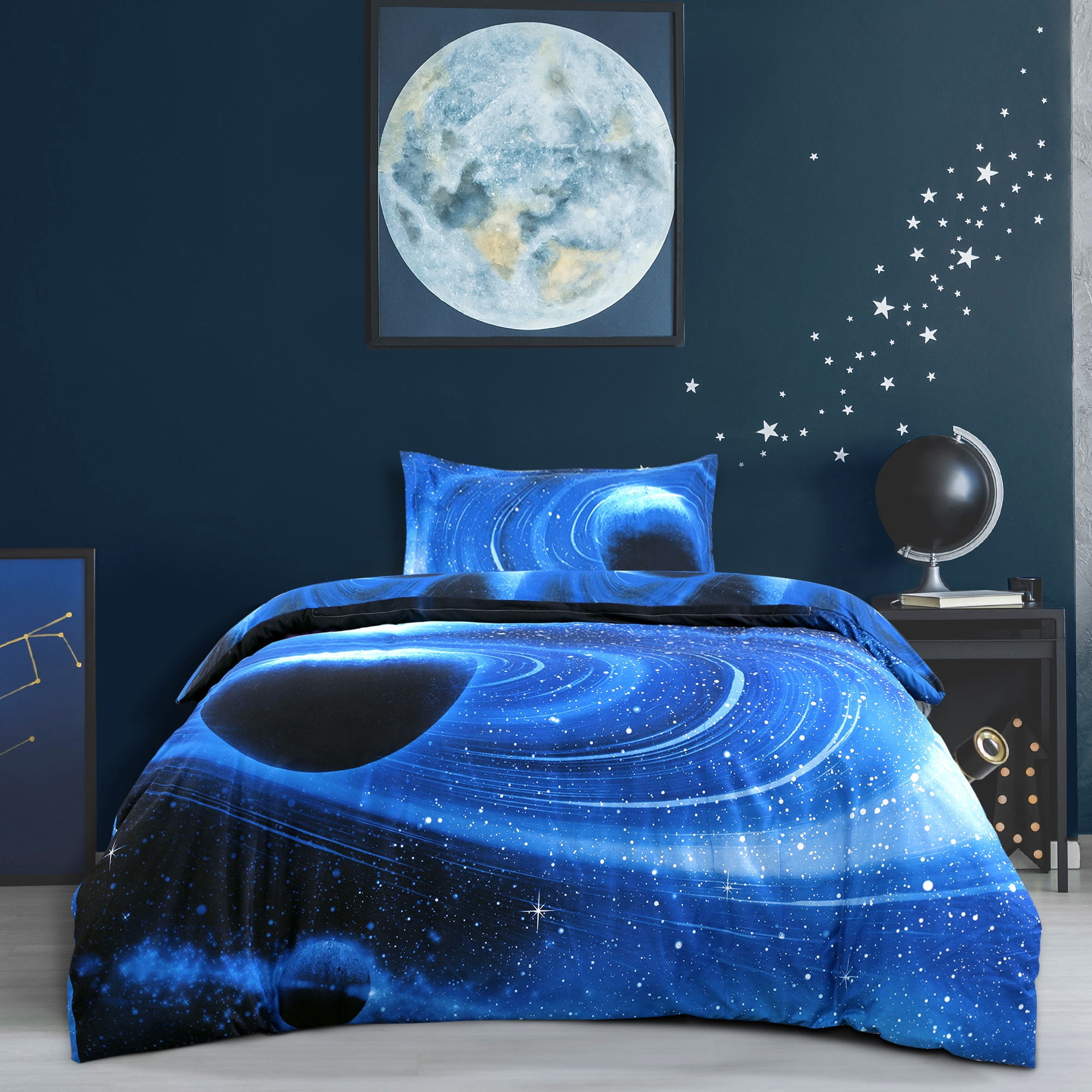 3 Pieces Galaxy Duvet Cover Bedding Set 3D Printed Quilt Cover Navy Blue Twin