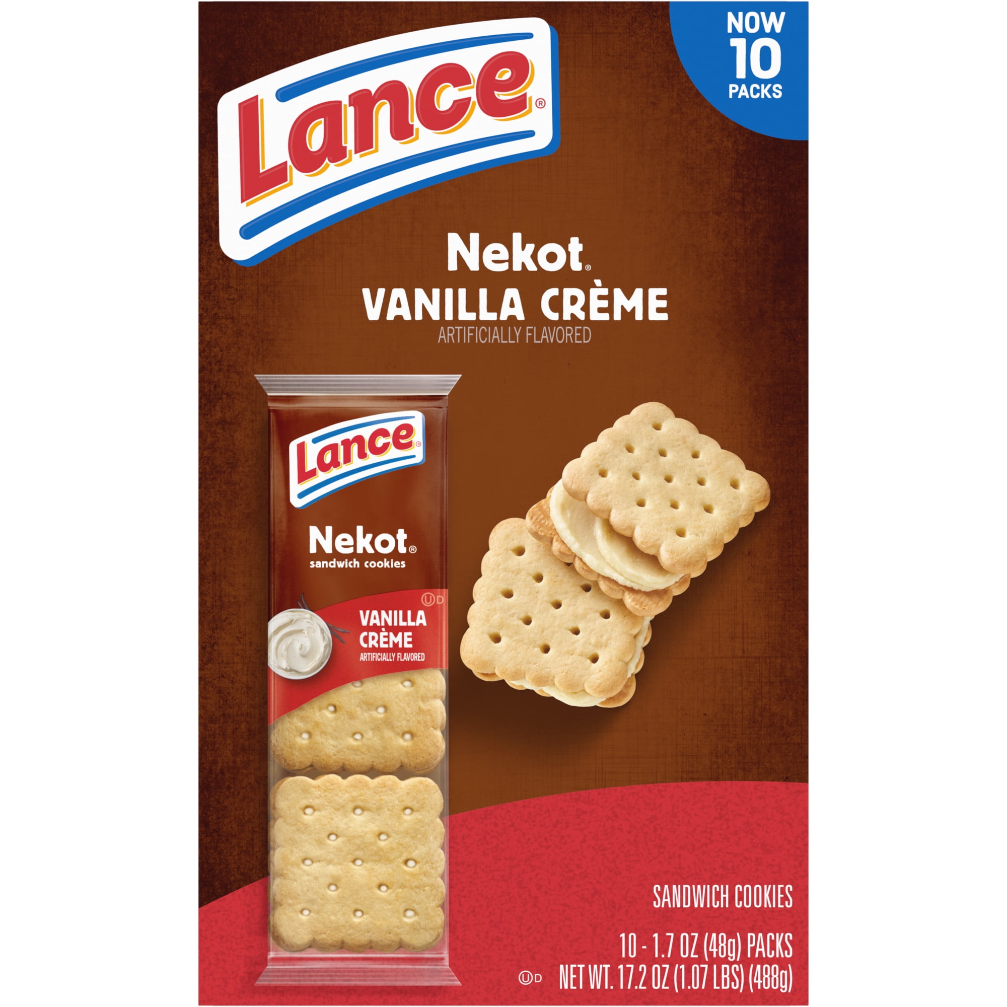 Lance Sandwich Cookies, Nekot Vanilla Creme, 10 Individually Wrapped Packs, 6 Sandwiches (Pack of 4)