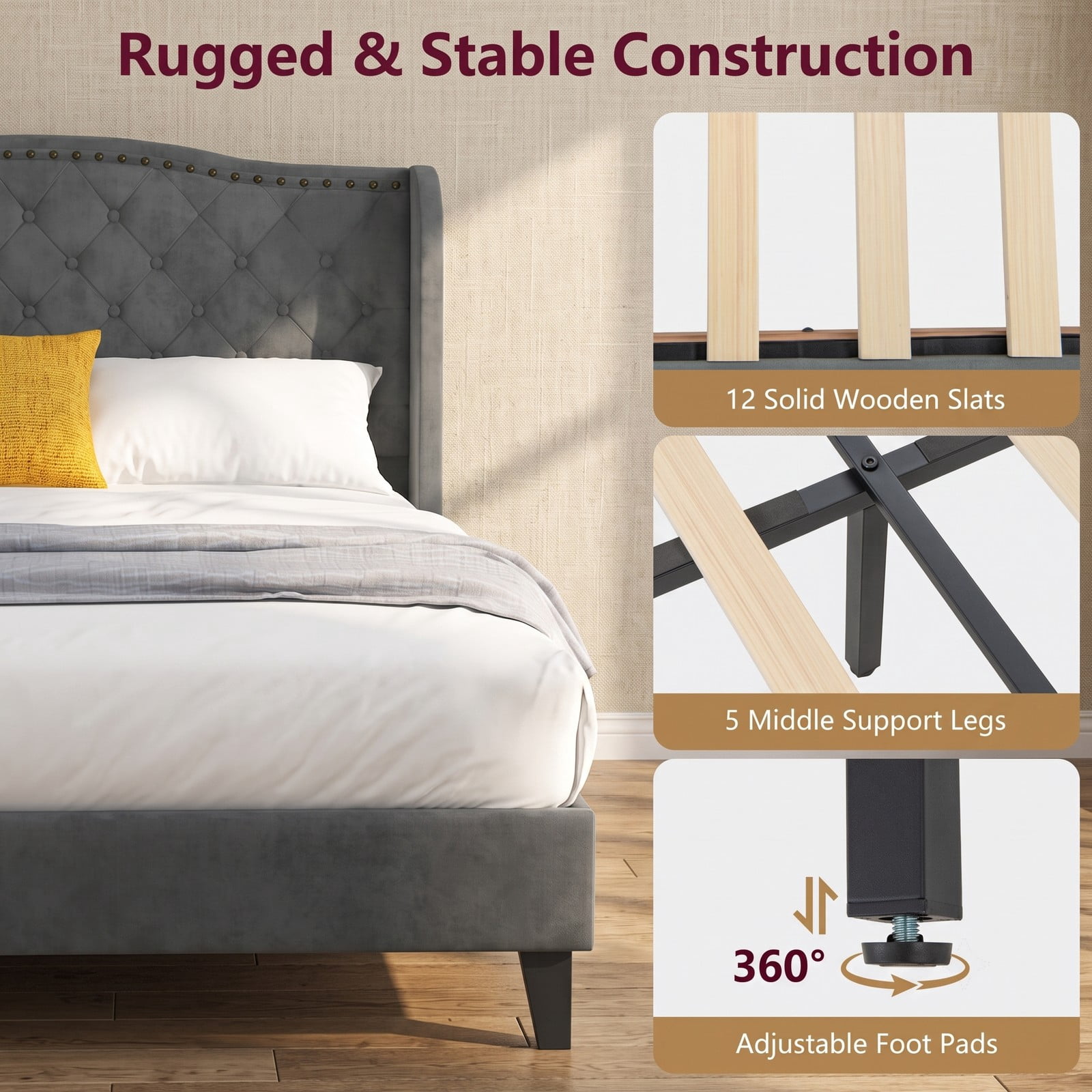 Furnibear Queen Bed Frame with Headboard, Velvet Upholstered Platform Bed Frame with Button Tufted Wingback and Nailhead Trim, No Box Spring, Gray