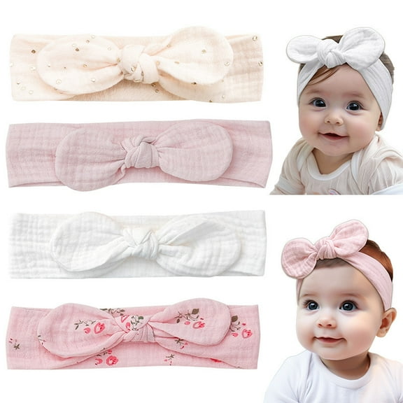 Monebena 4 Pcs Baby Girl Headband Stretchy Bows Headbands Knot Hairbands Bow Handmade Soft Headband with Bow Newborns Infants Toddlers Baby Headband for Baby Girl Hair Accessories