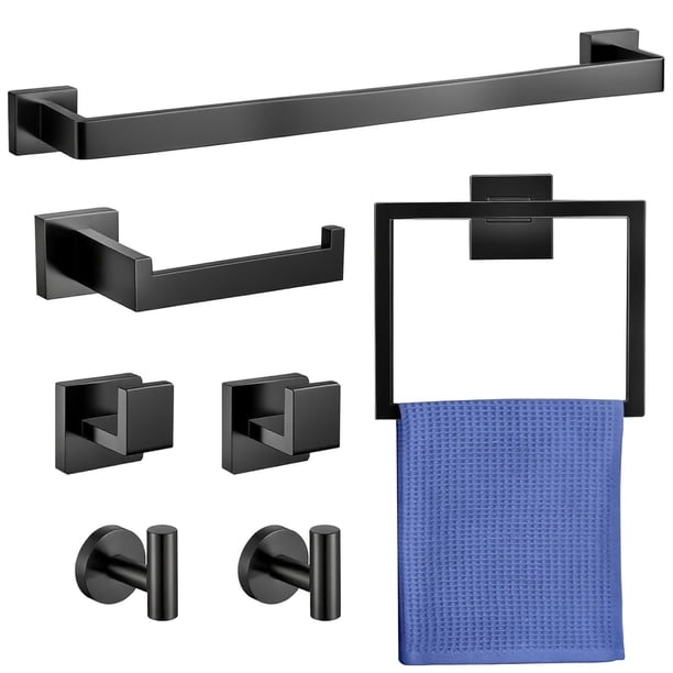 7 PCS Juego de Baño Accesorios, Incluye Toallero, Aro Toalla Cuadrado, Porta Papel, 2 Ganchos Cuadrados, 2 Ganchos para Ropa, Acero Inoxidable 304, Adecuado para Baño y Cocina
