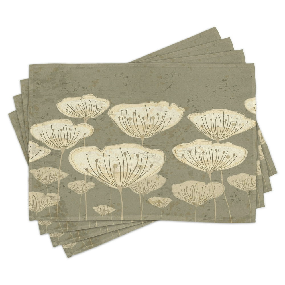 Floral Placemats Set of 4 Pastel Beige Toned Flower Blooms Floret Buds