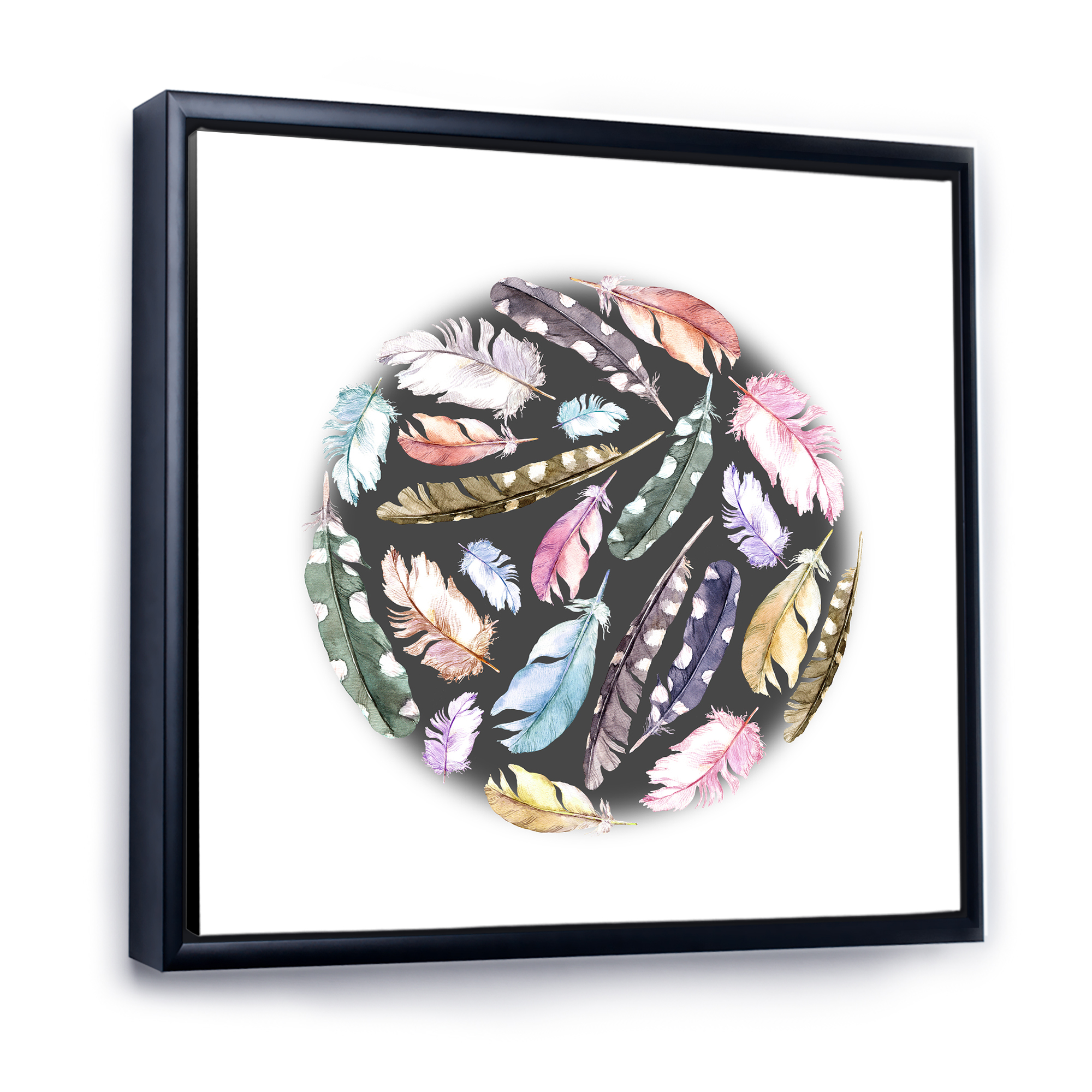 Designart 'Colorful Boho Feathers In Circle Shape' Bohemian & Eclectic Framed Canvas Wall Art Print