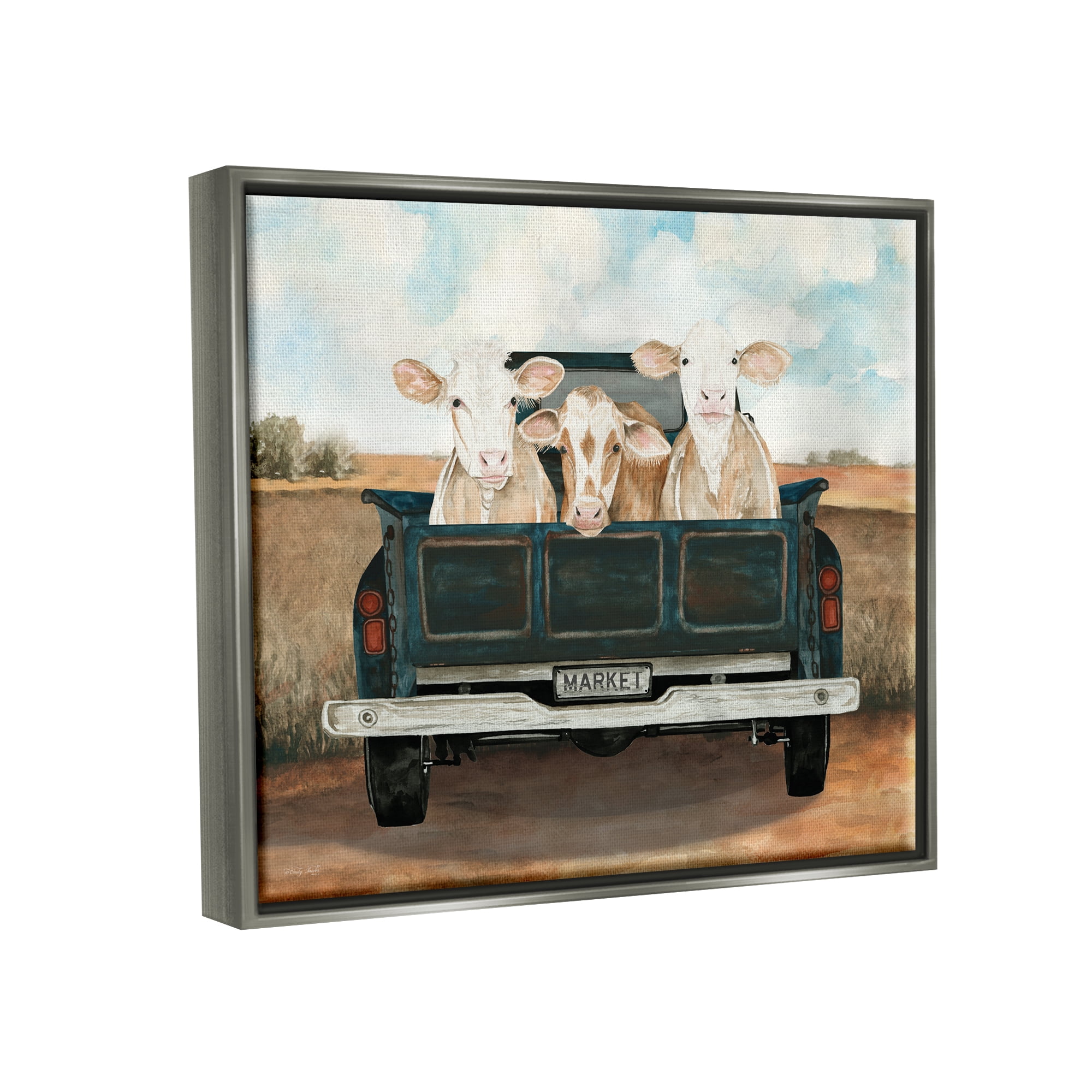 Stupell Industries Cows in Country Truck Animals & Insects Painting Gray Floater Framed Art Print Wall Art, 31 x 25
