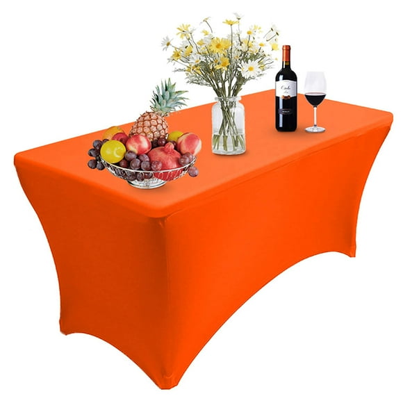 Reliancer 1 Pack 8Ft Rectangular Spandex Table Cover Four-Way Tight Fitted Stretch Tablecloth Table Cloth For Outdoor Party Dj Tradeshow Banquet Vendor Wedding Celebration (1Pc 8Ft Orange)