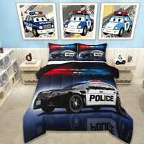 Manfei Police Car Full Size Comforter Sets,Policeman Vehicle Bedding Comforter Set,Cop Lights Bedding Sets For Boys Girls,Ultra Soft Home Decor Reversible,3 Pieces