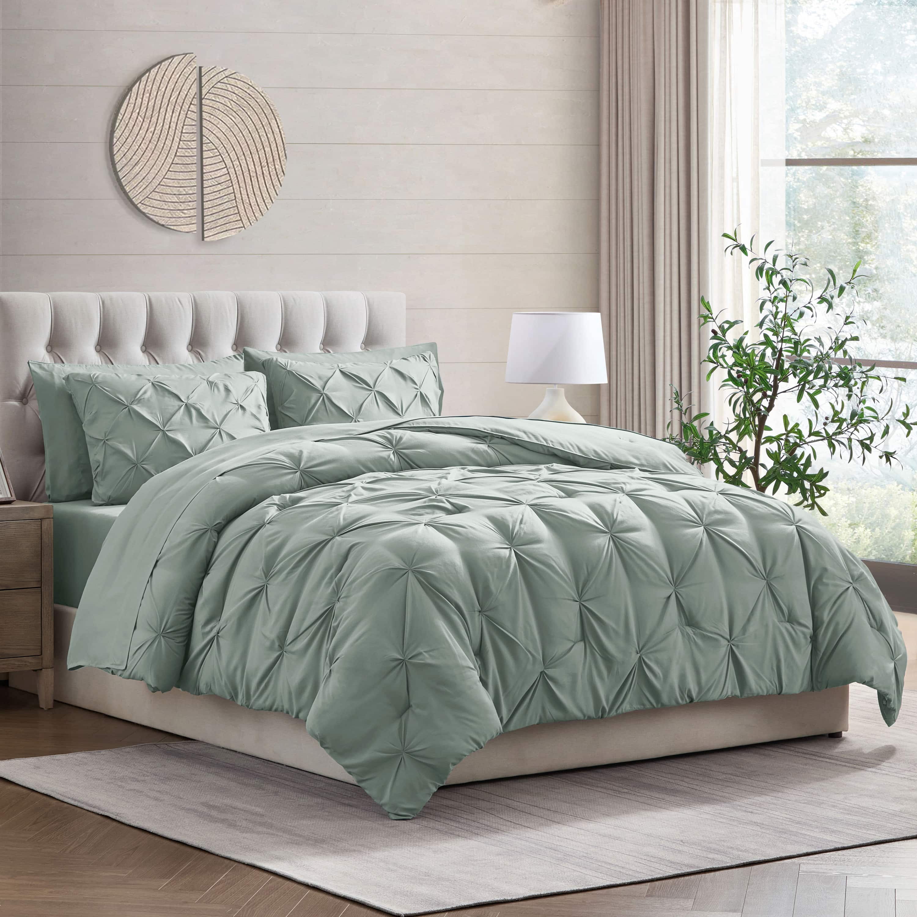 LammaLoe Twin Comforter Sets, 5 Piece Bed In A Bag Pintuck Bedding Sets, Sage Green