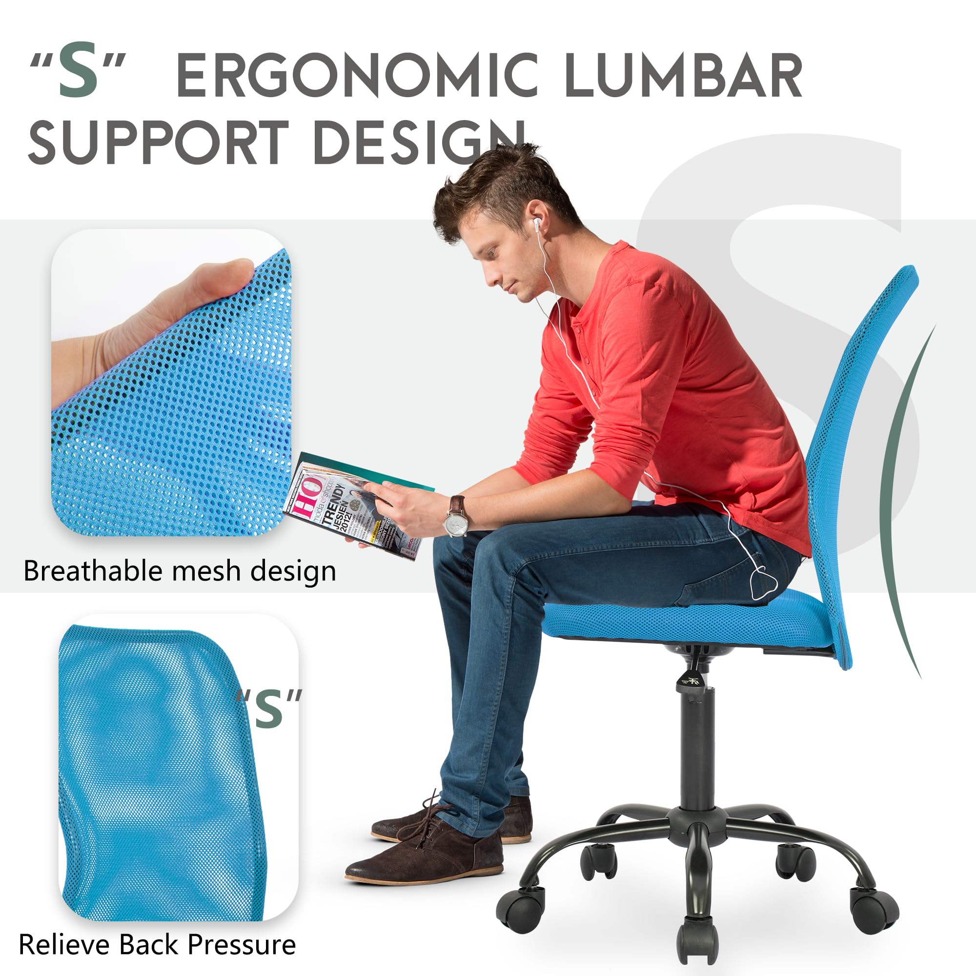 PayLessHere Home Office Chair - Ergonomic Mesh Desk Chair w/Lumbar Support, Blue