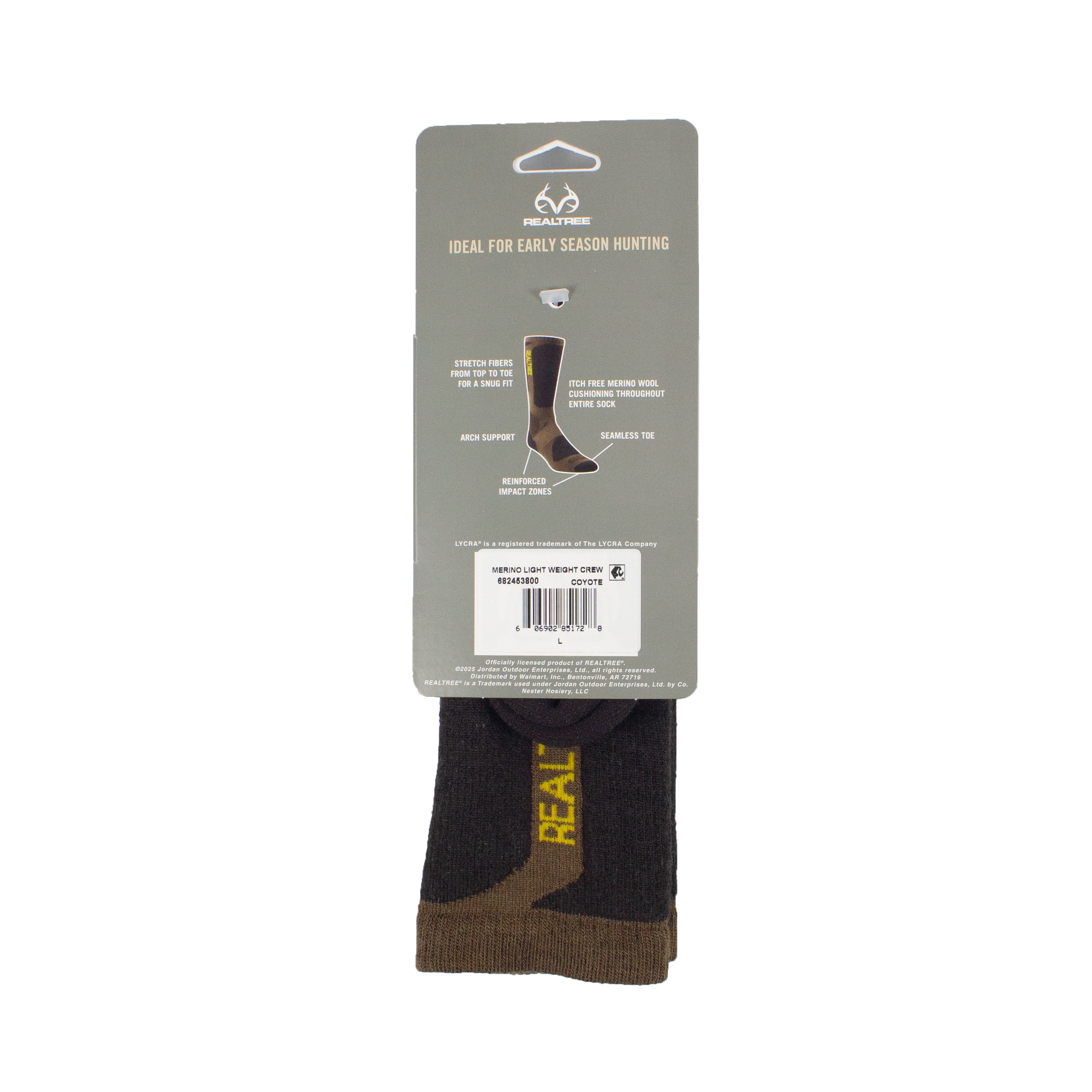 Realtree® Men's Merino Wool Lightweight Crew Sock (Coyote Brown, Large)
