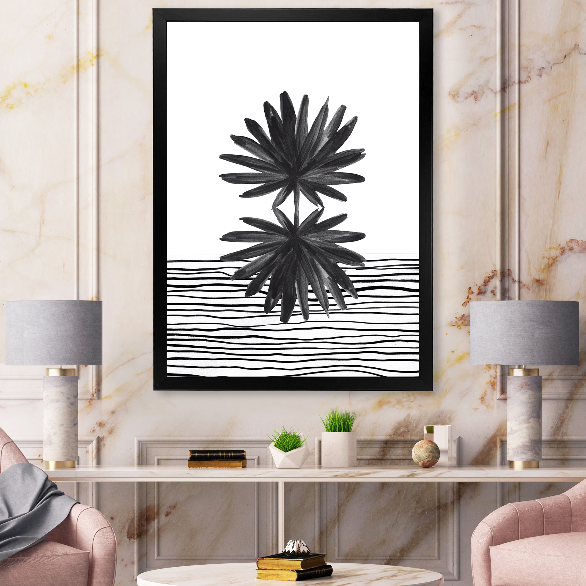 Designart 'Black and White Striped Under Tropical Leaf II' Modern Framed Art Print